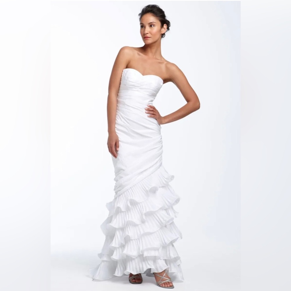 Dalia MacPhee Strapless Taffeta Tiered Mermaid Ruffle White Wedding Gown Dress!!